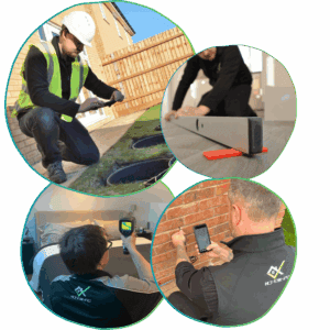Photo collage of men checking new build drains, floors and using thermal camera