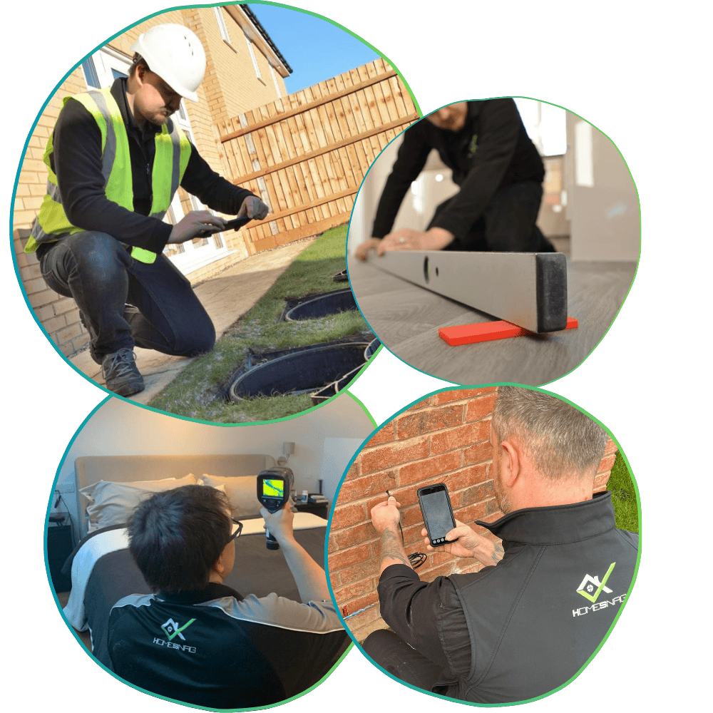 Photo collage of men checking new build drains, floors and using thermal camera